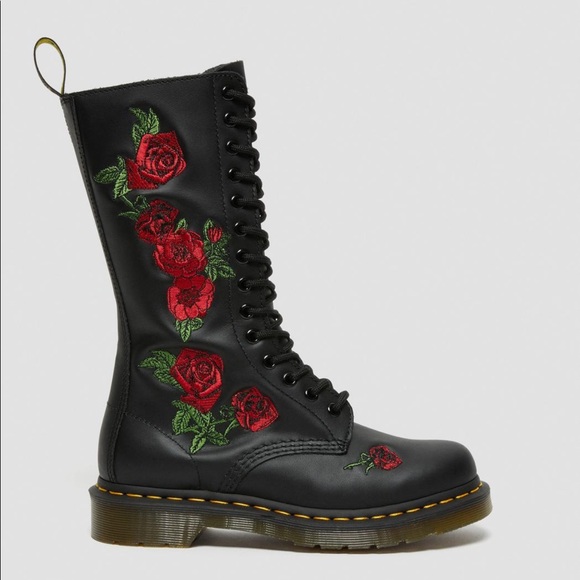 Dr. Martens Shoes - Dr. Martens 1914 Vonda Leather Mid Calf Boots Embroidered Rose | US Size 6